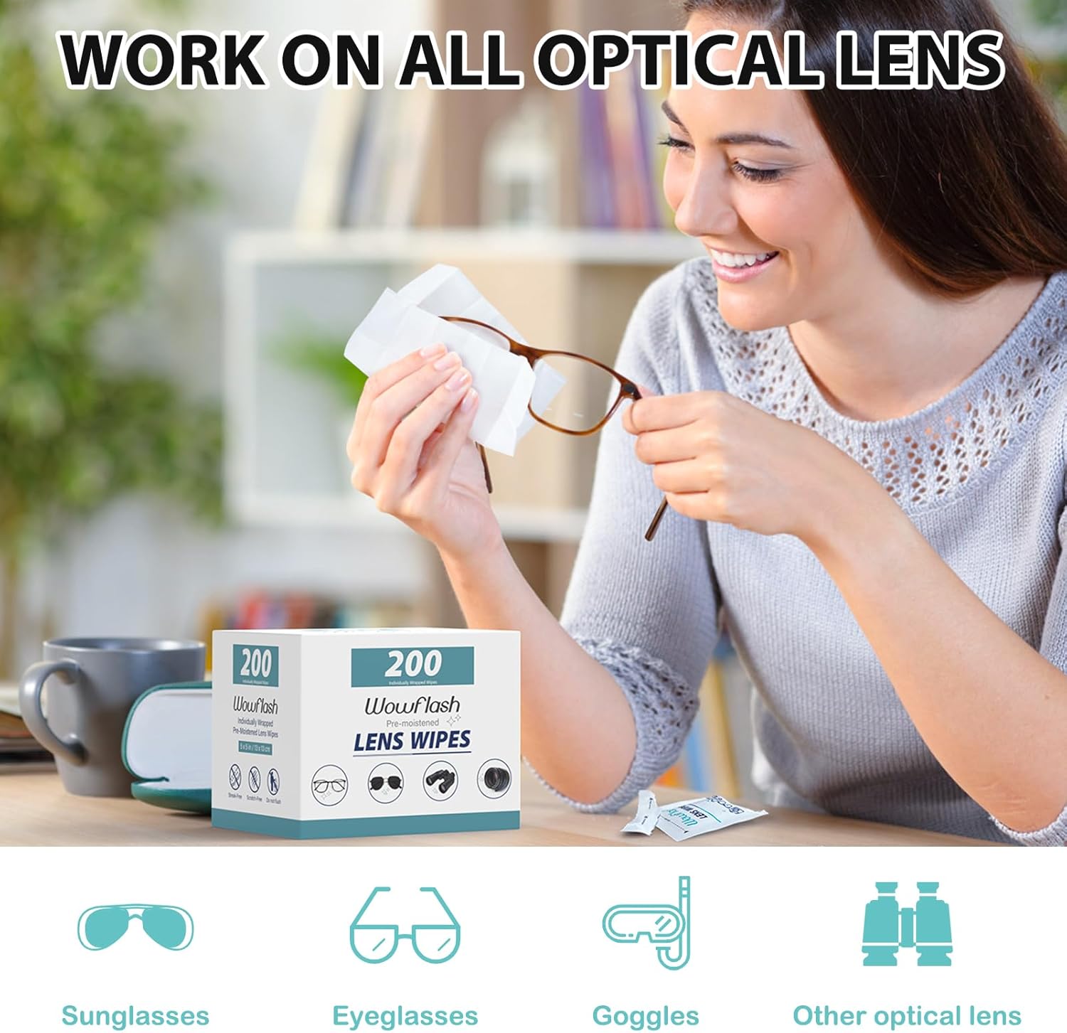 200 Count Lens Wipes for Eyeglasses  Eyeglass Lens Cleaning Wipes Pre-moistened Individually Wrapped Sracth-Free Streak-Free Eye Glasses Cleaner Wipes for Sunglass  Camera Lens  Goggles