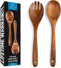 Zulay Kitchen Teak Wood Utensil Set – 2 Piece Large Wooden Salad Serving Spoon and Fork  Handcrafted Natural Teak Wood Kitchen Utensils  Durable  Nonstick Safe & Smooth Finish