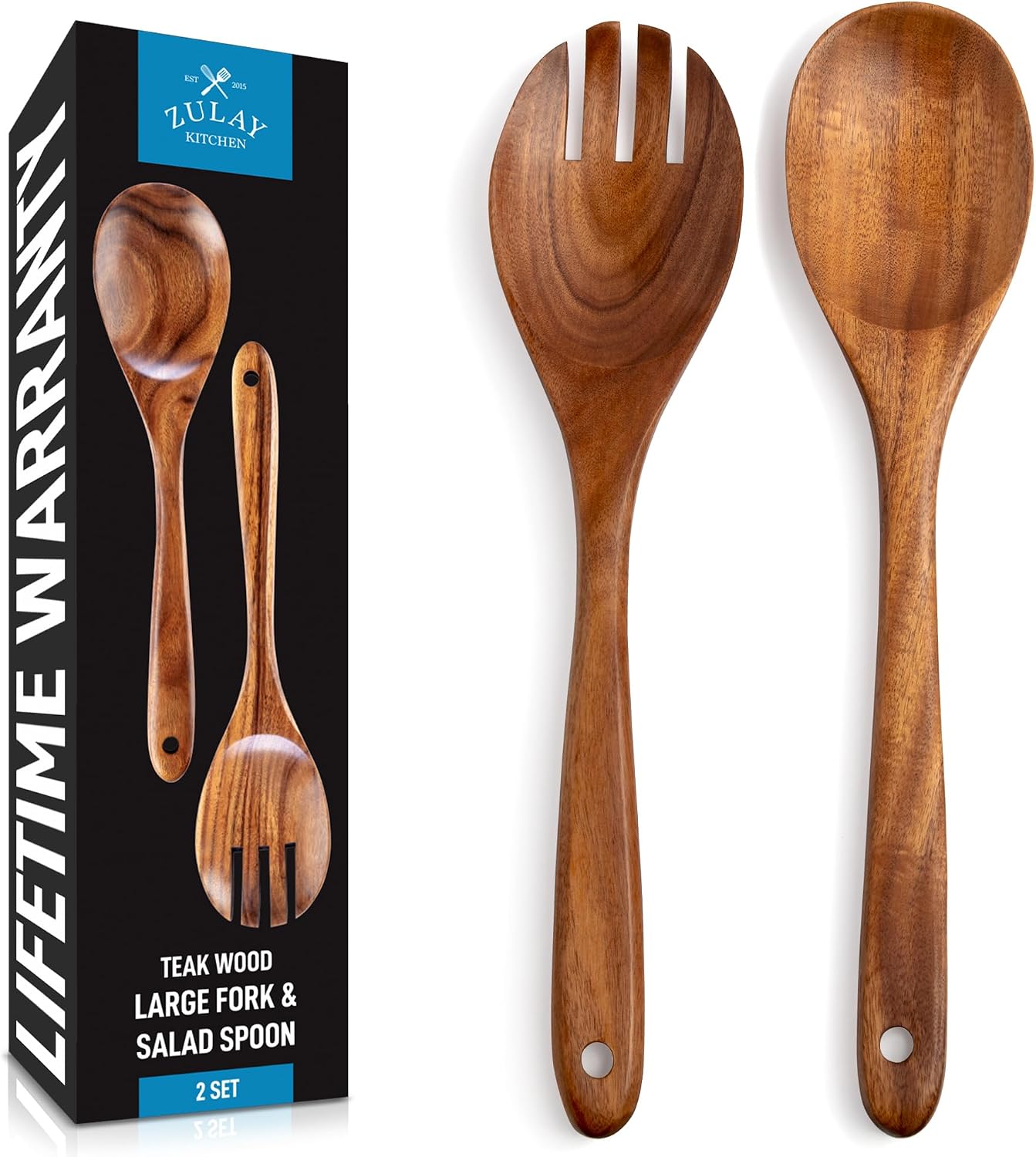 Zulay Kitchen Teak Wood Utensil Set – 2 Piece Large Wooden Salad Serving Spoon and Fork  Handcrafted Natural Teak Wood Kitchen Utensils  Durable  Nonstick Safe & Smooth Finish