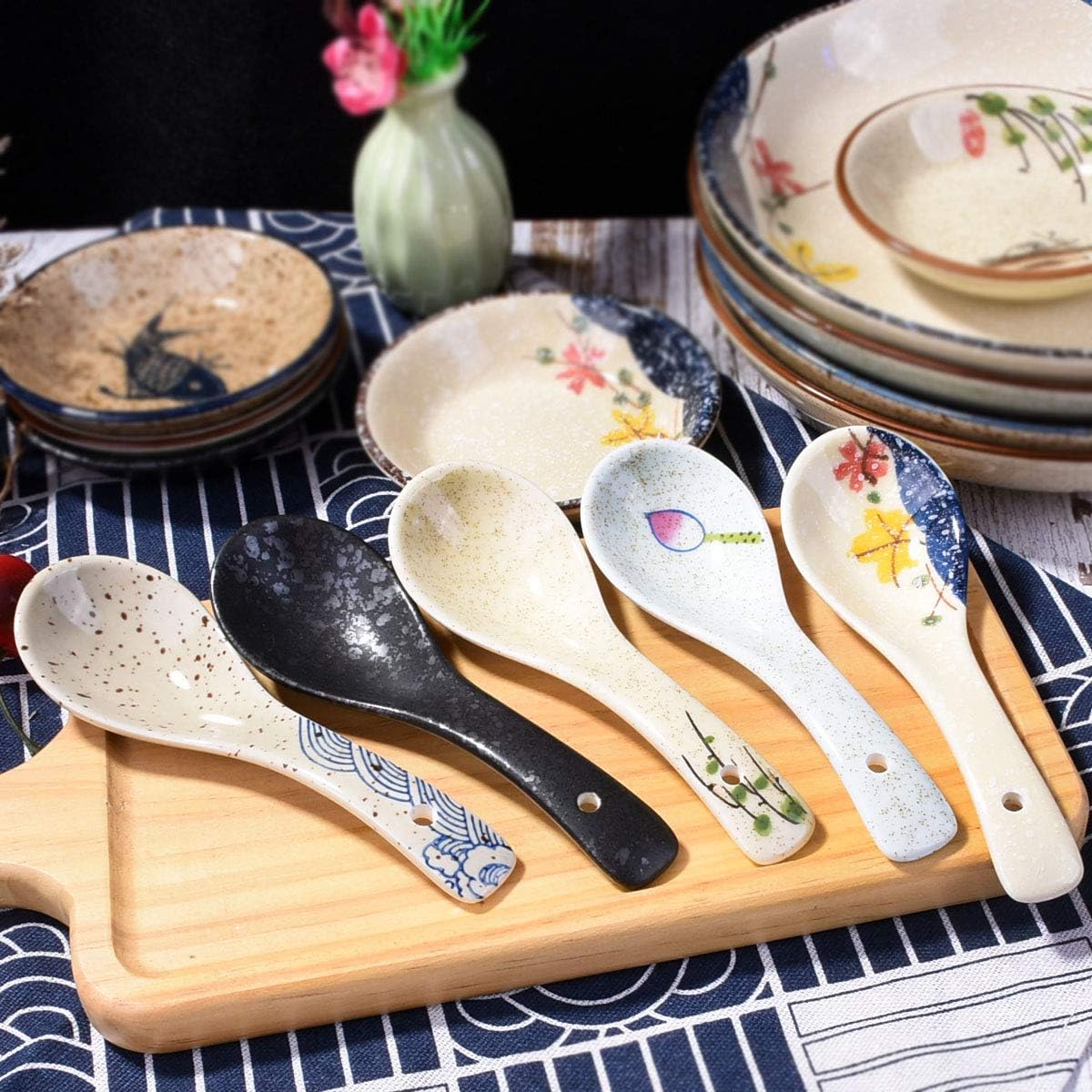 Japanese Soup Spoons Set of 5  Delicate Asian Ceramic Ramen Spoon Suitable for Gravy Cake Pho Oatmeal Chaos Dumplings Salad As A Good Tableware