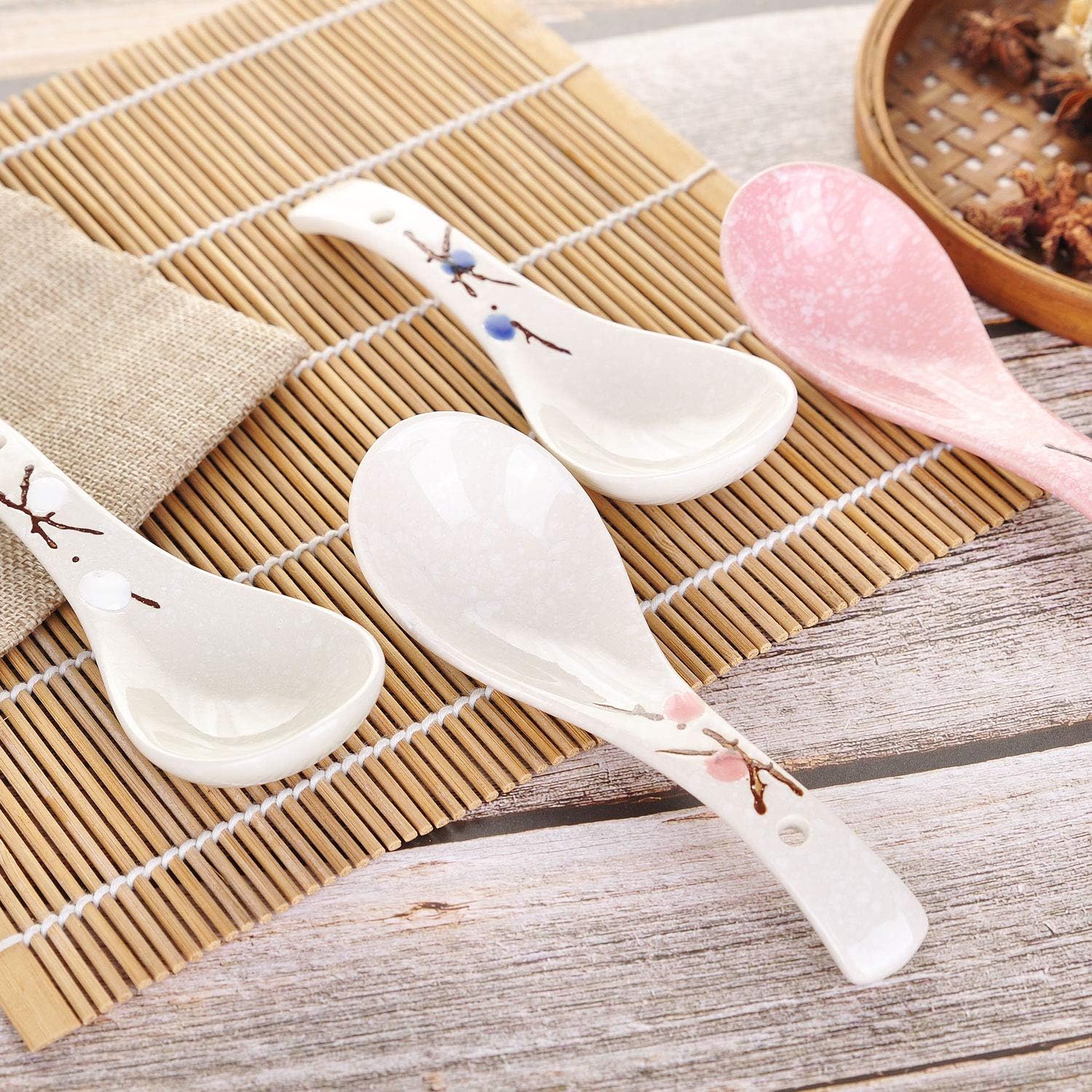 VanEnjoy Set of 4 Chinese/Japanese Ceramic Soup Spoons  Pink Cherry Blossom in Snow Pattern Ceramic Spoon Suitable for Soup