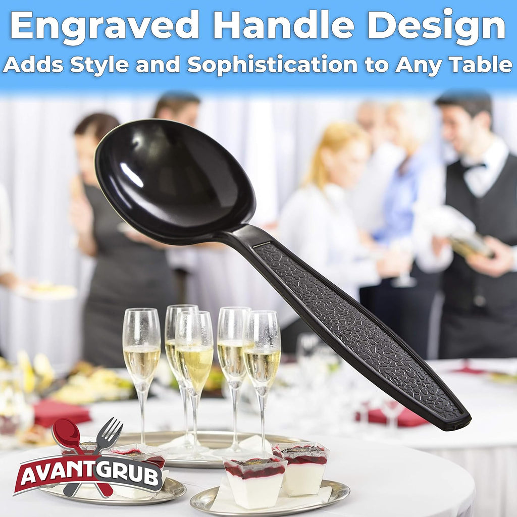 Extra Sturdy  Pro-Grade Plastic Soup Spoons 50 CT. Black  Heavy Duty Recyclable Utensils for Soups  Stews  Chili and Gumbo. Heavyweight Round Spoon is Perfect for Restaurants  Diners and Catering