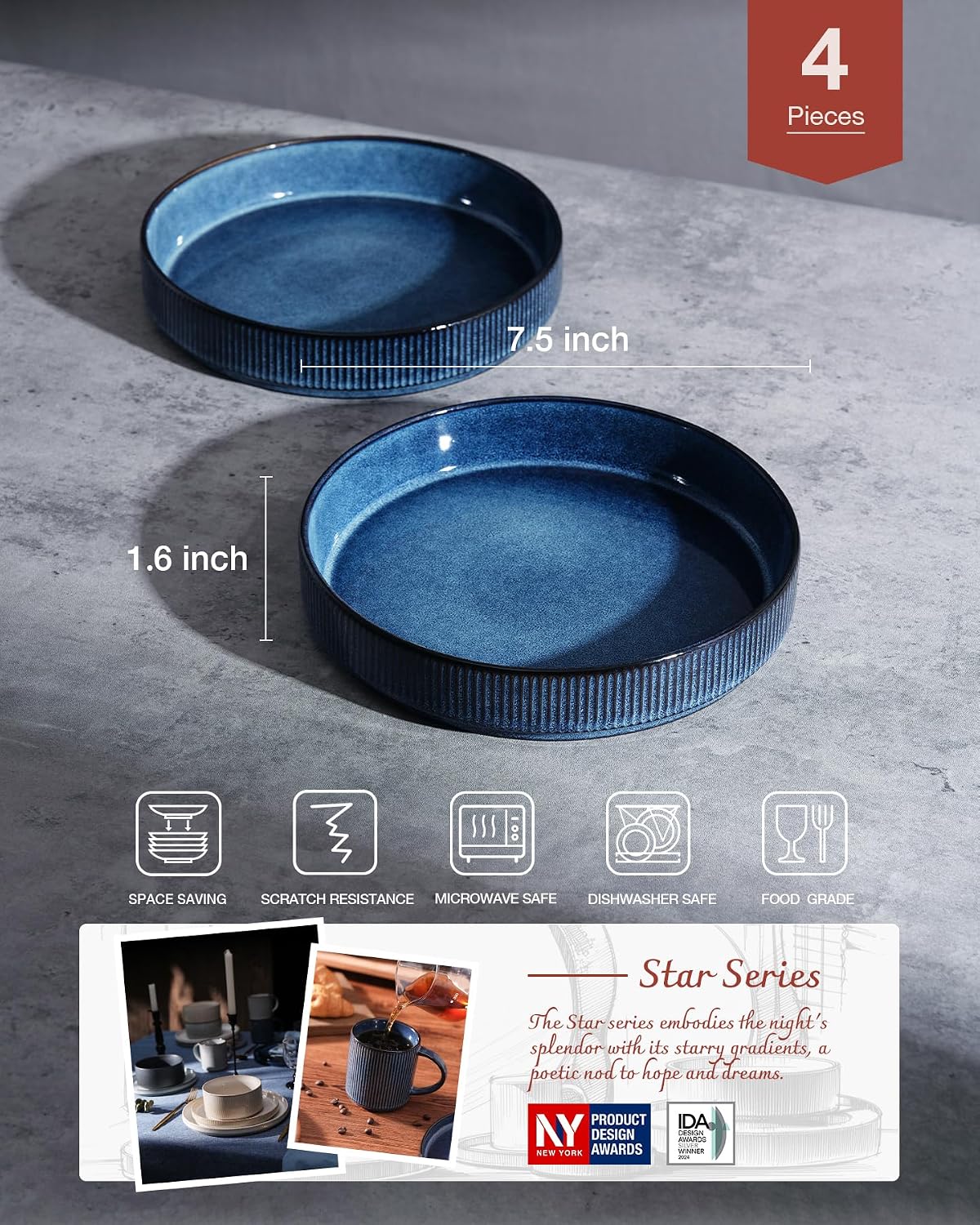 famiware Star 7.5" Pasta Bowls Set  Salad Bowl Set of 4  Double Reactive Glaze  Stackable  Ideal for Your Friend for Housewarming  Festivals  Nebulas Blue