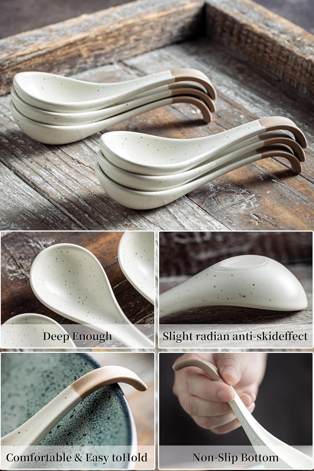 LYEOBOH 6 Pieces Asian Soup Spoons  Japanese Kitchen Soup Spoon Set  Dinner Tablespoons with Long Handle for Cereal  Ramen  Ice Cream  Dishwasher & Microwave Safe  Rustic Decor  White and Brown
