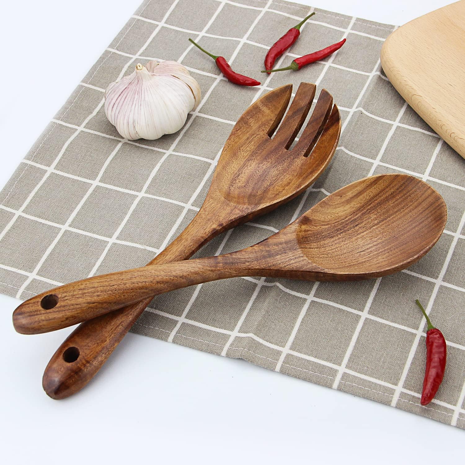 AOOSY Acacia Wood Salad Tongs 10.2 Inch Serving Utensils Set Salad Fork and Salad Spoon for Serving Long Handle Salad Server Set Kitchen Cooking Utensil