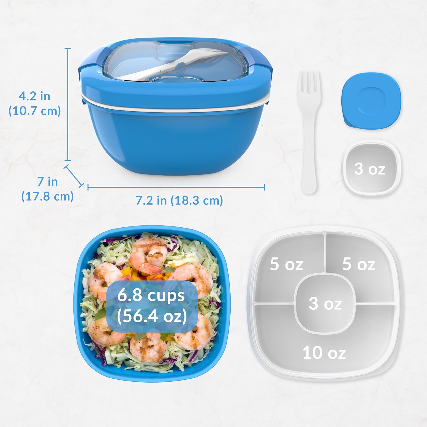 Bentgo Salad Container - 54 oz Bowl with 4-Compartment Toppings Tray  Leak-Proof Dressing Container  Reusable Fork  BPA-Free Lunch Box for Meal Prep & Food Storage; Removable Bento Tray (Blue)