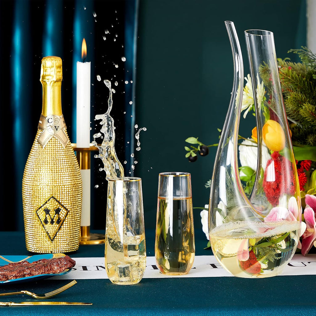 N9R 36PCS Plastic Champagne Flutes  9 Oz Stemless Disposable Gold Rim Toasting Glasses  Crystal Clear Cocktail Cups Drinkware Shatterproof Ideal for Party Wedding Birthday
