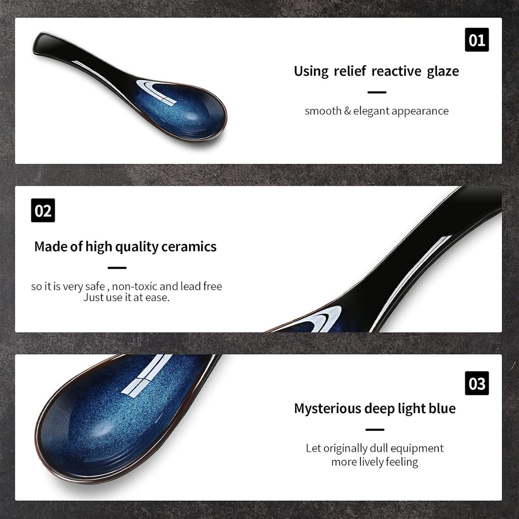 Geiserailie 4 Pieces Asian Ceramic Soup Spoons Set Long Handle Chinese Spoons Retro Blue Japanese Ramen Bowl Soup Spoon Suitable for Gravy  Cake  Oatmeal  Dumplings