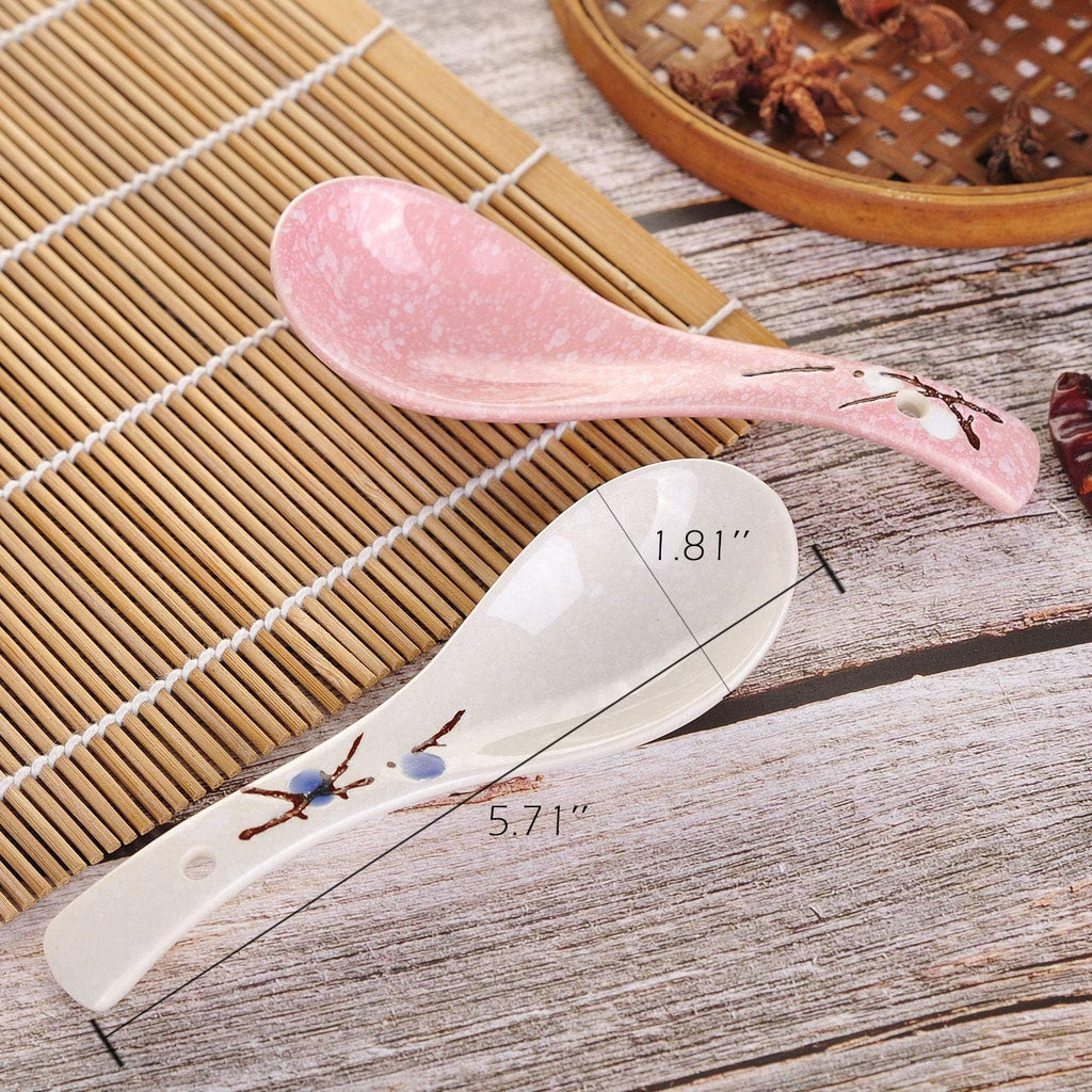 VanEnjoy Set of 4 Chinese/Japanese Ceramic Soup Spoons  Pink Cherry Blossom in Snow Pattern Ceramic Spoon Suitable for Soup