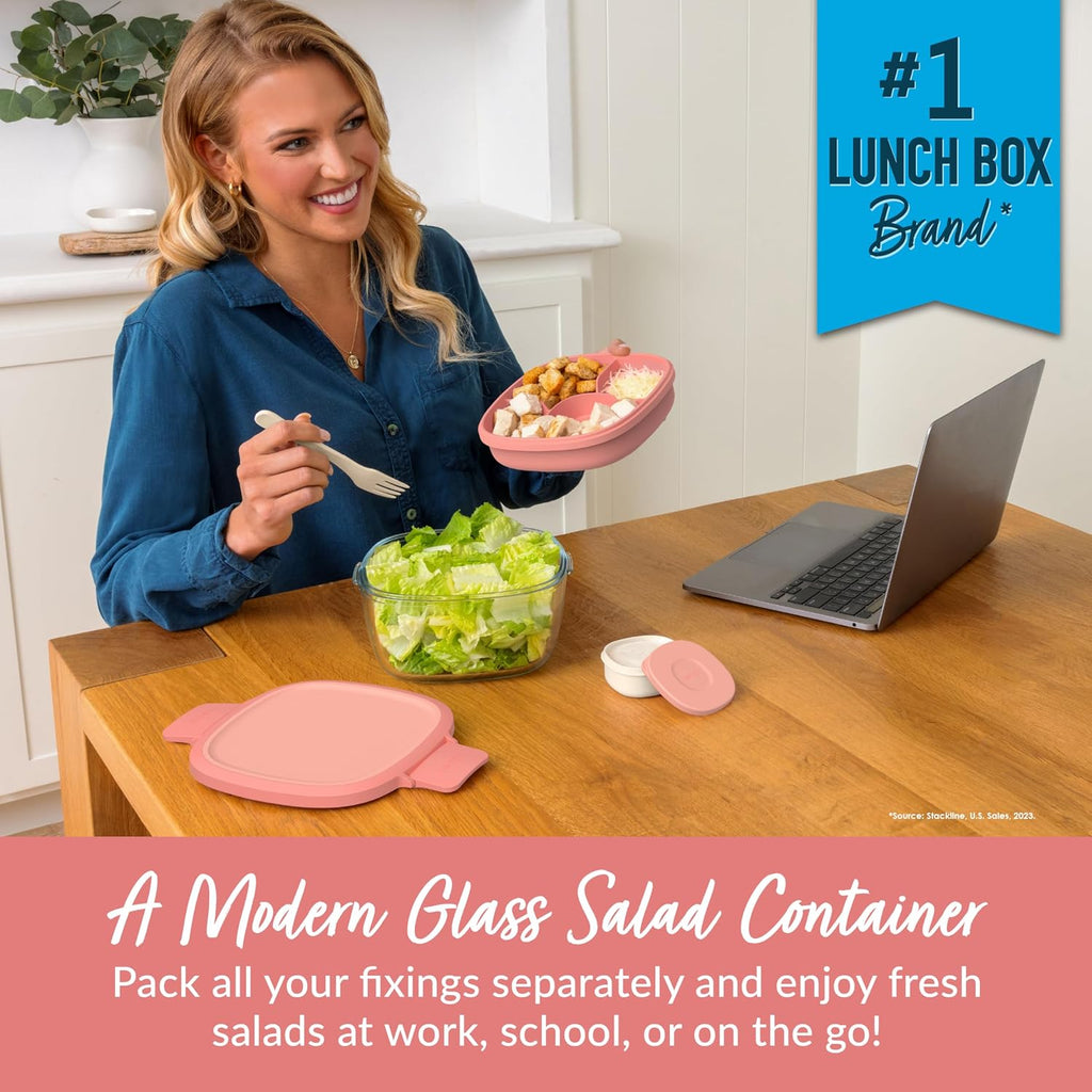 Bentgo Glass All-in-One Salad Container - Large 61-oz Salad Bowl with Lid  4-Compartment Bento-Style Tray  3-oz Sauce Container  and Reusable Fork - Dishwasher  Microwave  and Oven Safe (Coral)