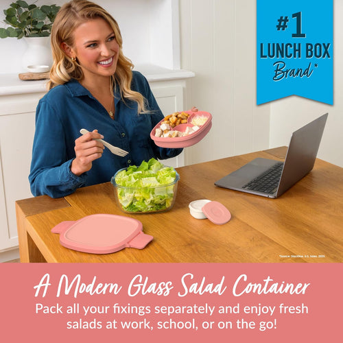 Bentgo Glass All-in-One Salad Container - Large 61-oz Salad Bowl with Lid  4-Compartment Bento-Style Tray  3-oz Sauce Container  and Reusable Fork - Dishwasher  Microwave  and Oven Safe (Coral)