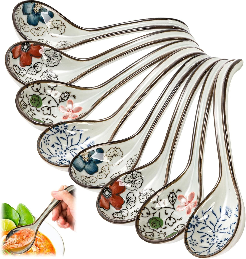 8 Pcs Asian Ceramic Soup Spoons  Japanese Ramen Spoon with Long Curved Handle  Chinese Soup Spoon  Porcelain Tablespoon  Kitchen Serving Spoon for Miso  Noodles  Cereal  Wonton  Dumpling Rice