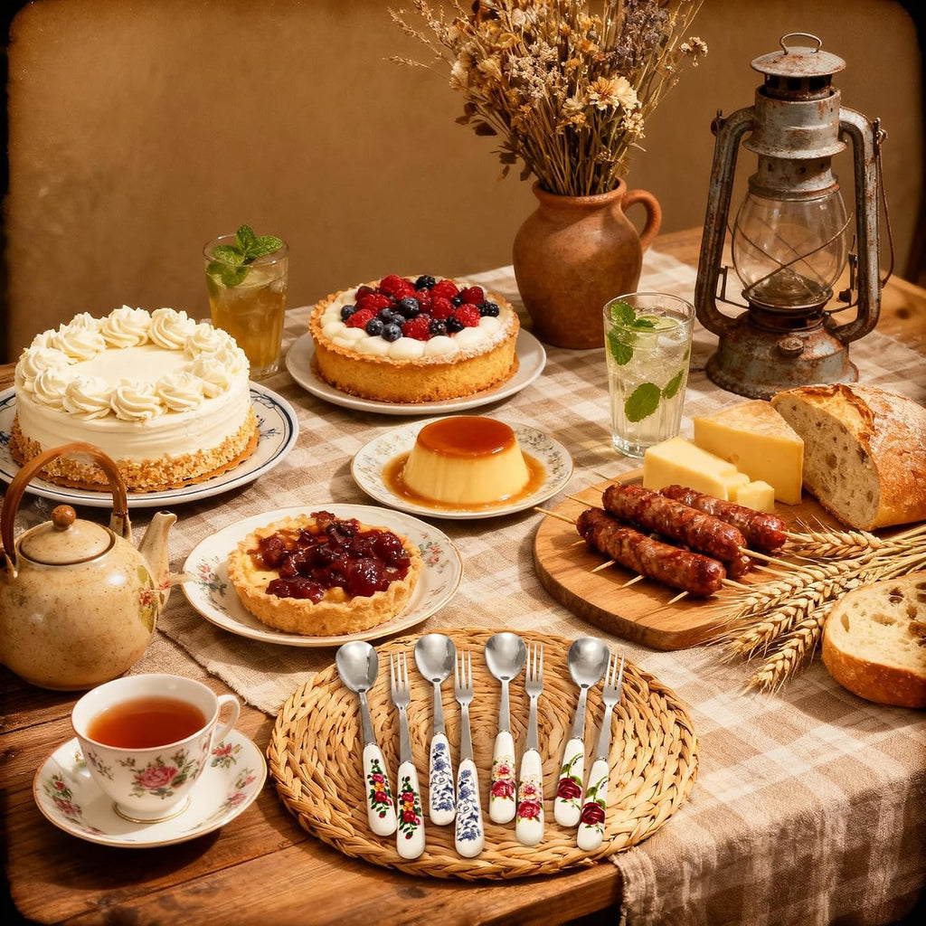 Nicunom 20 Pcs Dessert Forks and Spoons Silverware Set  Stainless Steel Mini Fork Spoon with Ceramic Handle  Floral Design Tea Coffee Spoon Cake Fruit Fork for Dessert  Appetizers  Salad