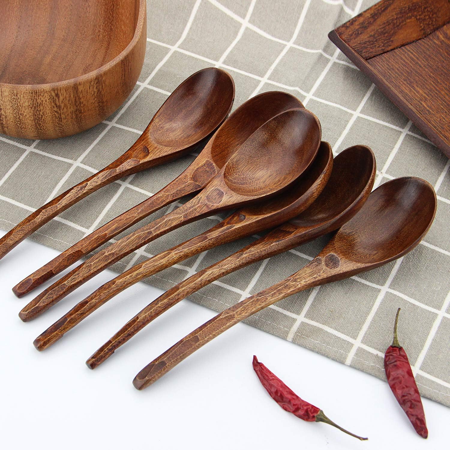 Soup Spoons AOOSY Wooden Soup Spoons  6 Pieces 7.84 inches Japanese Ramen Spoon Round Nanmu Wood Long Handle Rice Dessert Cooking Tasting Dinner Table Spoon for Kitchen Restaurant