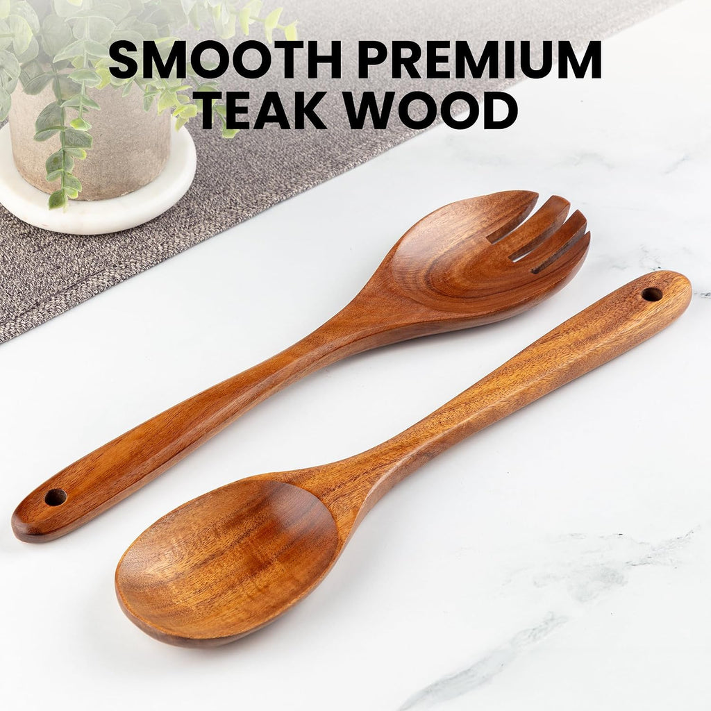 Zulay Kitchen Teak Wood Utensil Set – 2 Piece Large Wooden Salad Serving Spoon and Fork  Handcrafted Natural Teak Wood Kitchen Utensils  Durable  Nonstick Safe & Smooth Finish