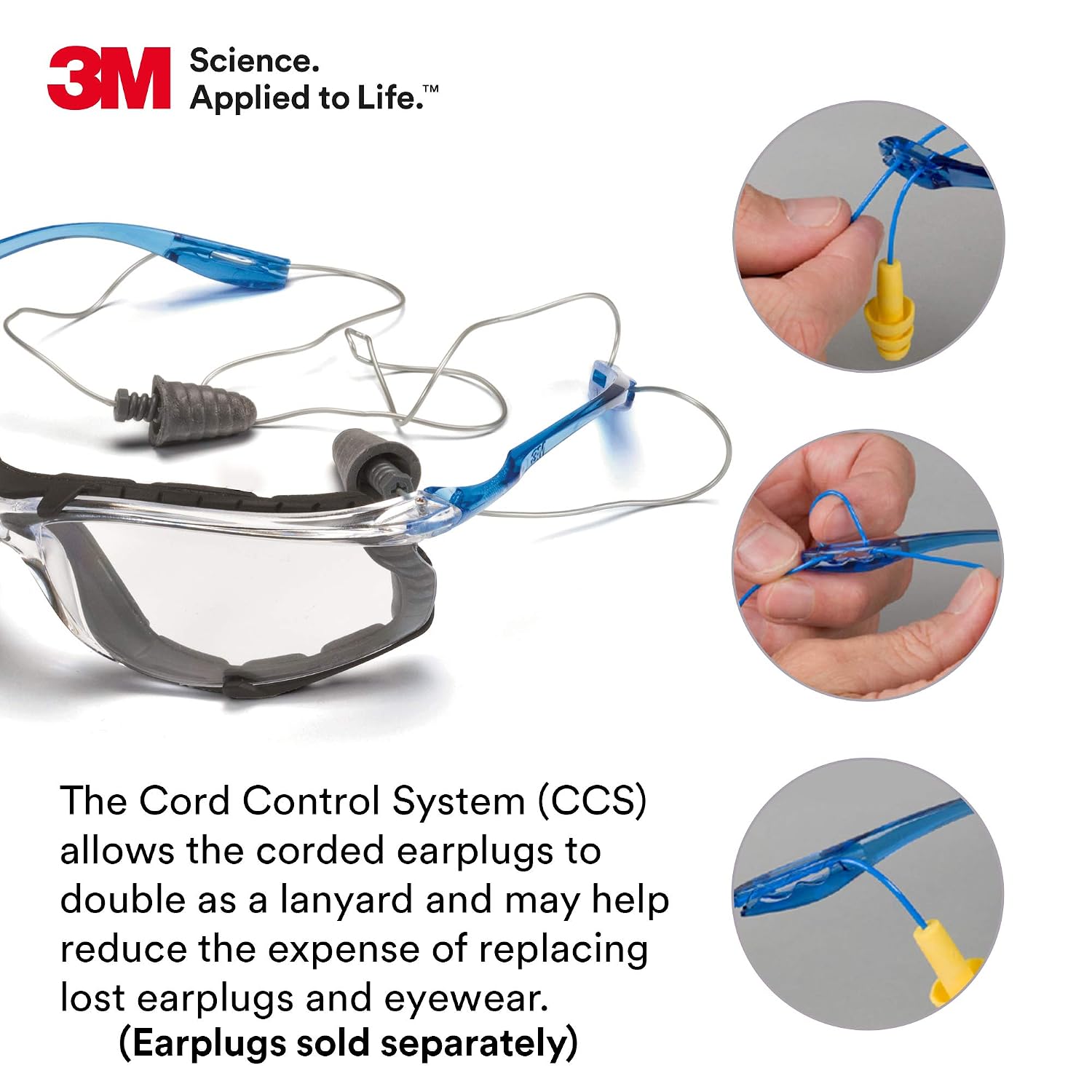 3M Safety Glasses  Virtua CCS  ANSI Z87  Anti-Fog  Clear Lens  Blue Frame  Corded Ear Plug Control System  Removable Foam Gasket