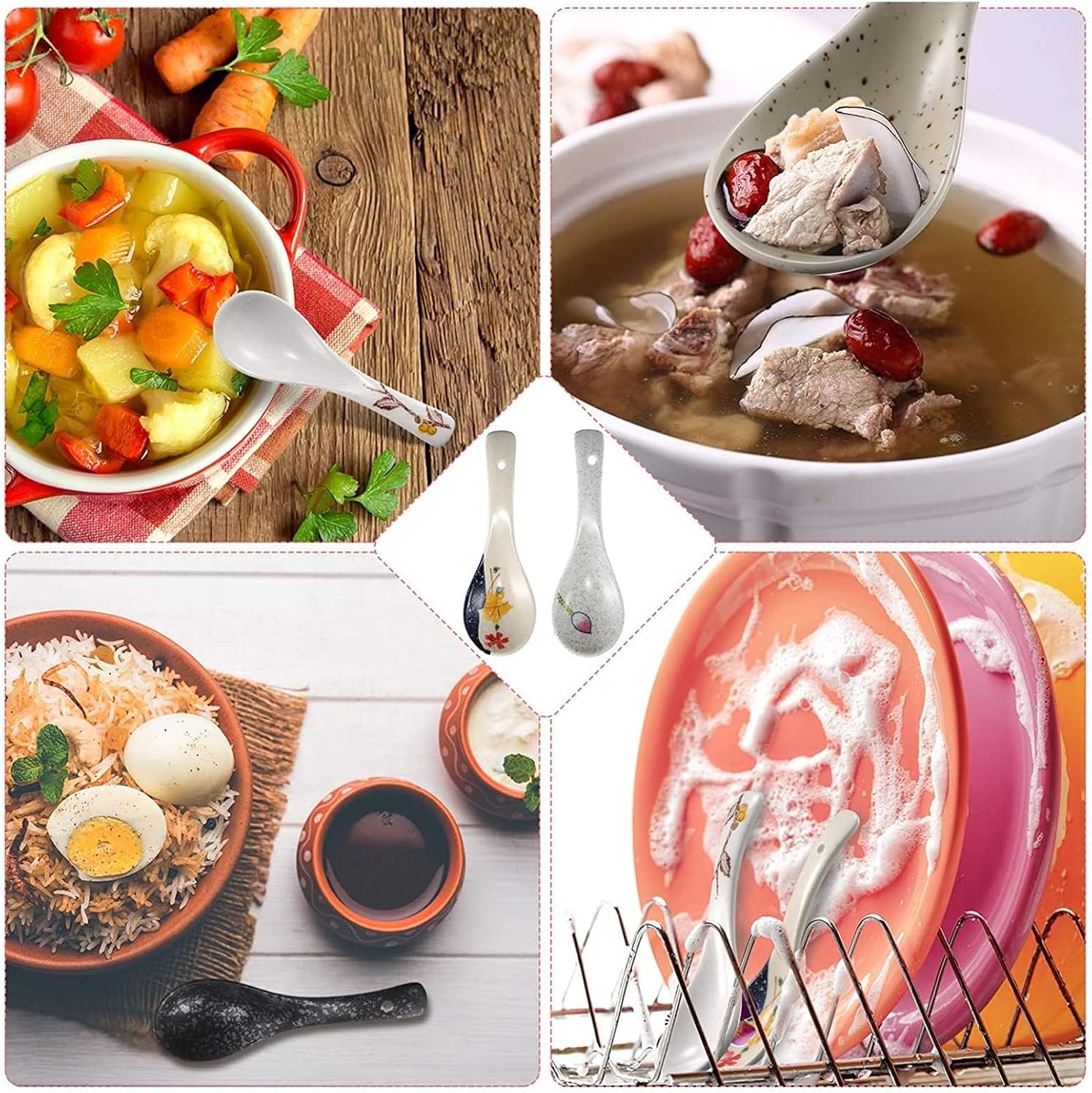 6 Pieces Japanese Retro Ceramics Soup Spoons Asian Soup Spoons Japanese Style Rice Spoon Flatware Chinese Serving Spoons Appetizers Tableware Meal Partner for Salad Ramen Noodles Wonton