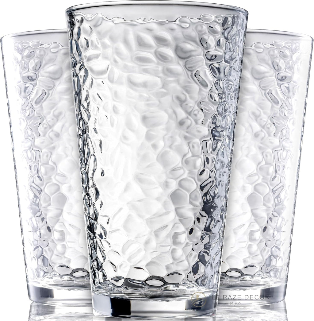 Set of 10 Hammered Glass Cups  16oz. Dishwasher Safe Cocktail Drinking Glasses - Clear Heavy Base Stemmed Water Glasses  Tall Beer Glasses  Bar Glass  Juice  Iced Tea  Margarita  & Everyday Drinks