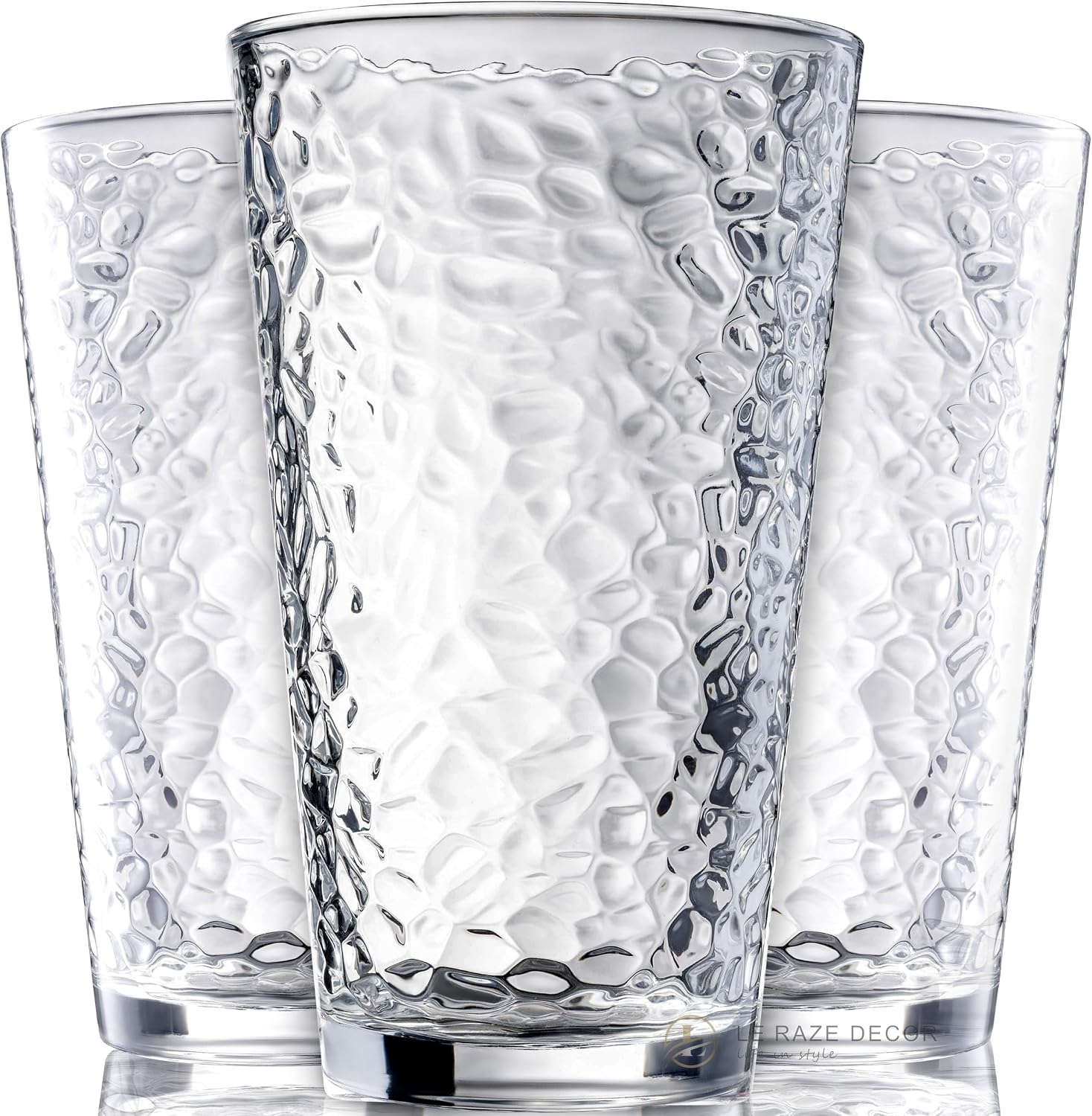 Set of 10 Hammered Glass Cups  16oz. Dishwasher Safe Cocktail Drinking Glasses - Clear Heavy Base Stemmed Water Glasses  Tall Beer Glasses  Bar Glass  Juice  Iced Tea  Margarita  & Everyday Drinks