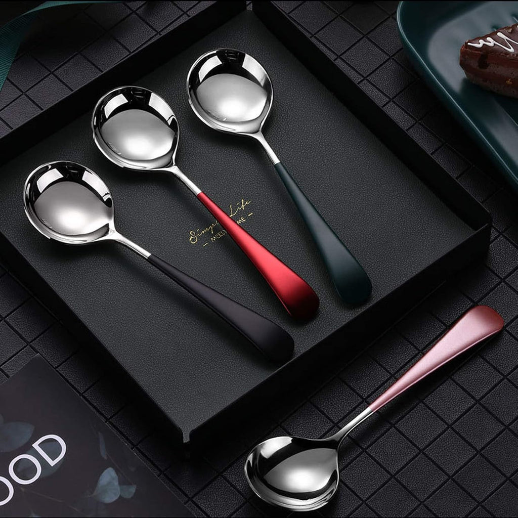 Soup Spoons Stainless Steel  18/10 Round Head Soup Spoons  Modern Thick Short handle 304 Stainless Steel Korean Spoon  Dinner Metal Spoons for Soup  Grain Dessert Milk Tea Coffee  6.3 Inch  Set of 5