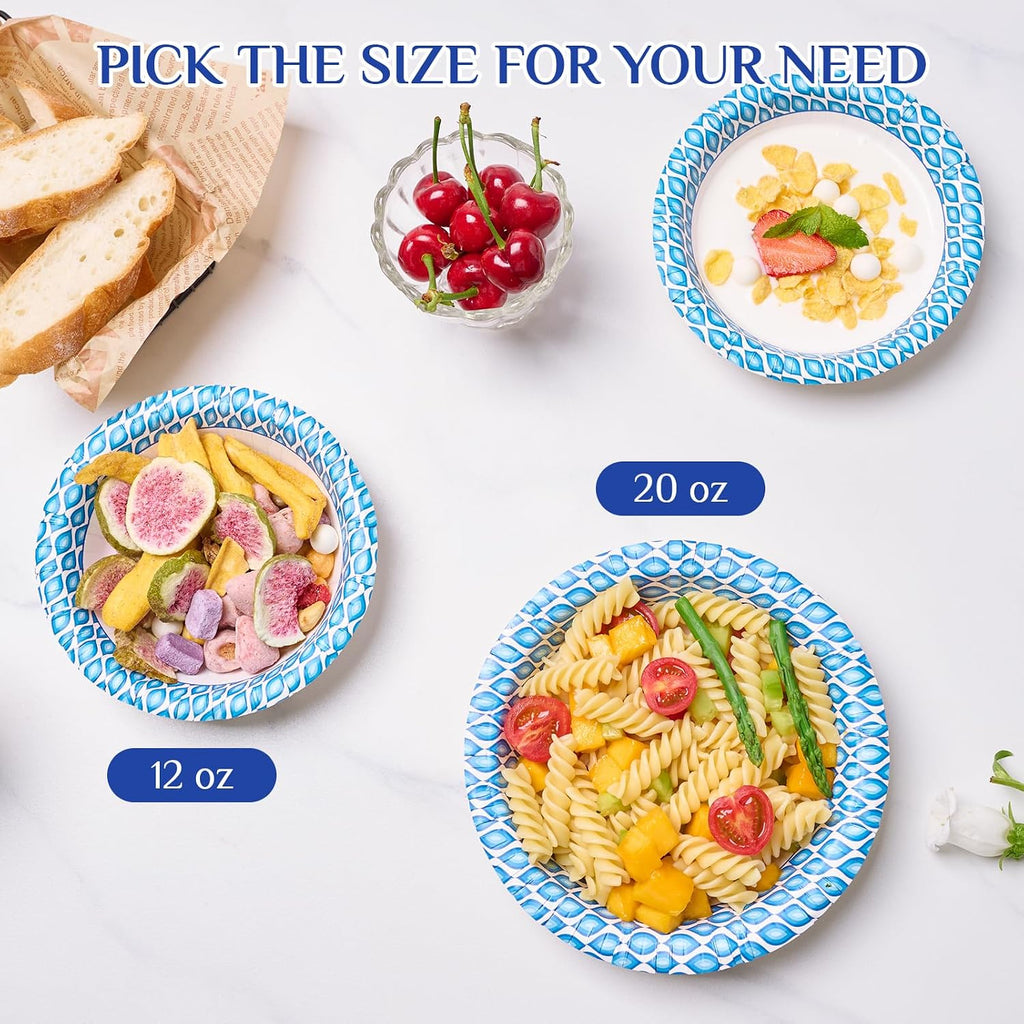 MUCHII 12 Oz Paper Bowls 200 Counts Disposable Bowls  Printed Soak Proof Small Bowls for Breakfast  Lunch  and Dinner Meals