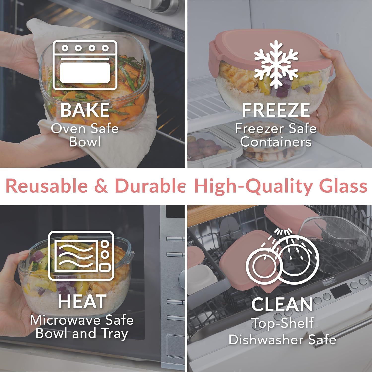 Bentgo Glass All-in-One Salad Container - Large 61-oz Salad Bowl with Lid  4-Compartment Bento-Style Tray  3-oz Sauce Container  and Reusable Fork - Dishwasher  Microwave  and Oven Safe (Coral)