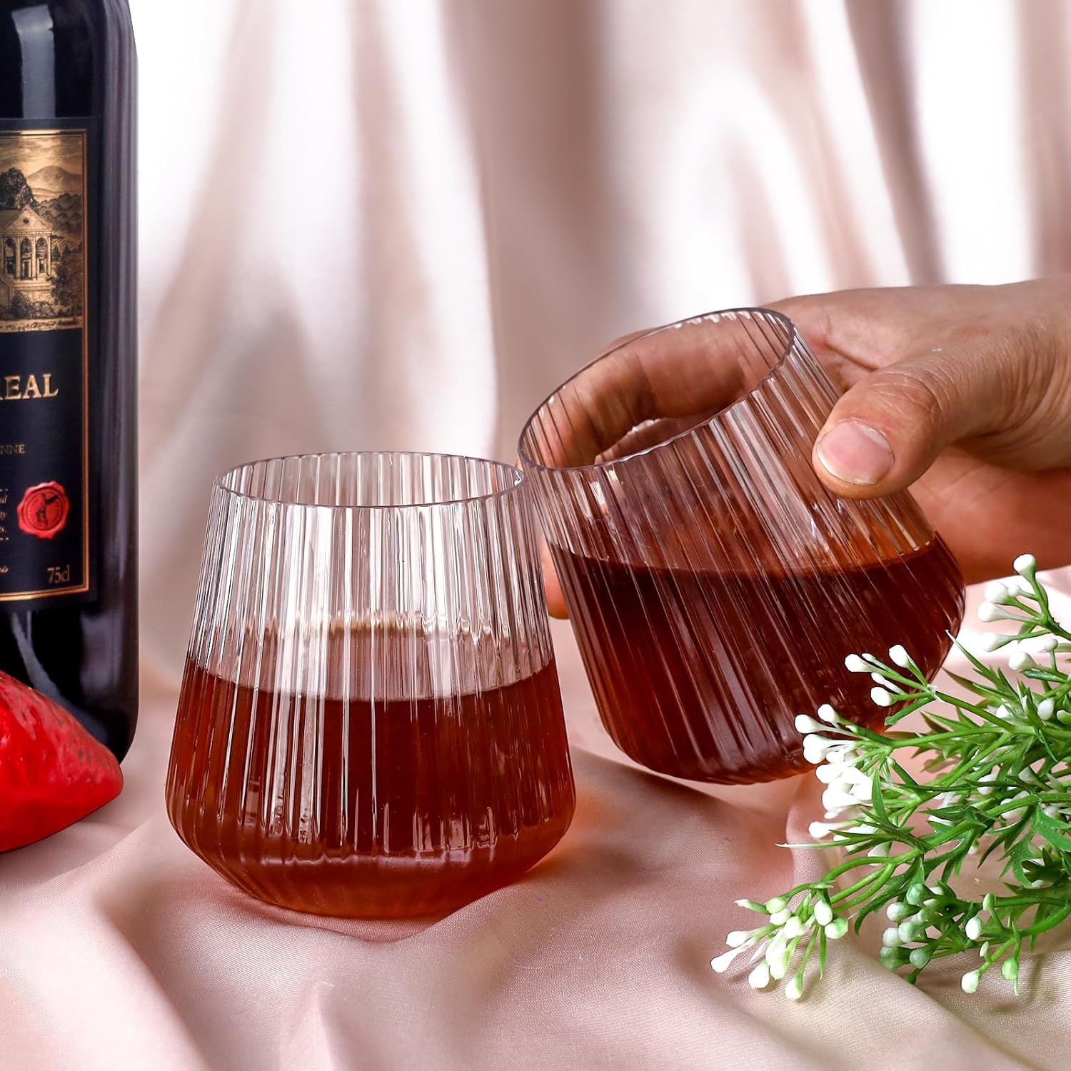 40 Pack Plastic Ribbed Wine Glasses  14Oz Origami Disposable Wine Glasses Unbreakable Clear Plastic Cocktail Glasses Recyclable Shatterproof Reusable Wine Cups (14oz 40pack)