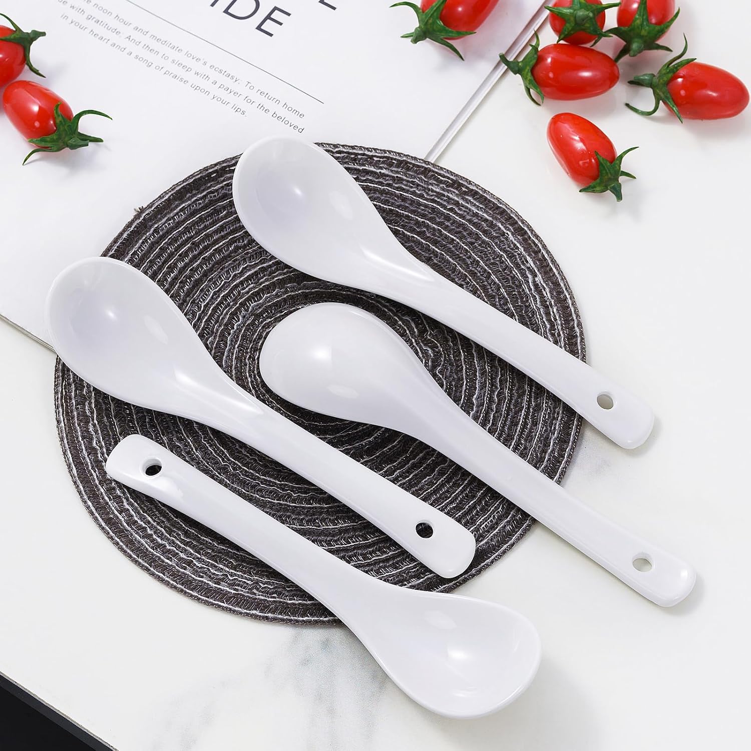 6.5inch Ceramic Soup Spoons Set of 4 - Long Handle  Easy to Hold  Perfect for Ramen  Pho  Dumplings  Miso & Wonton  Dishwasher Safe  Ideal for Asian Soups"