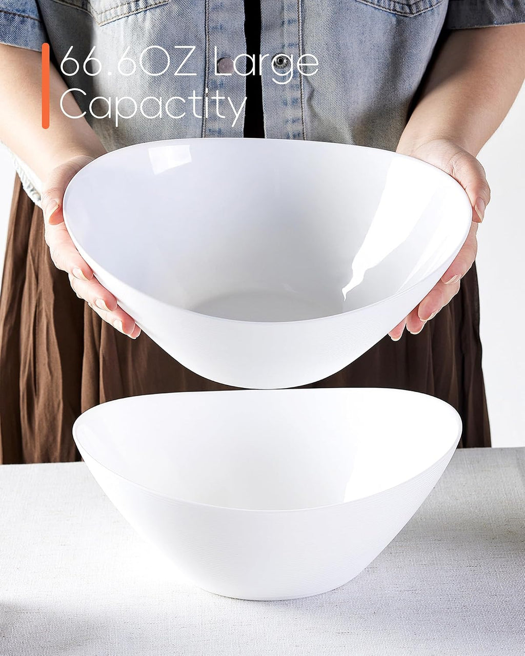 66 OZ Salad Bowl Set of 2  Opal Glass 10 inch Lightweight Serving Dishes for Salad  Fruit  Kitchen Microwave & Dishwasher Safe  Oval Shape White