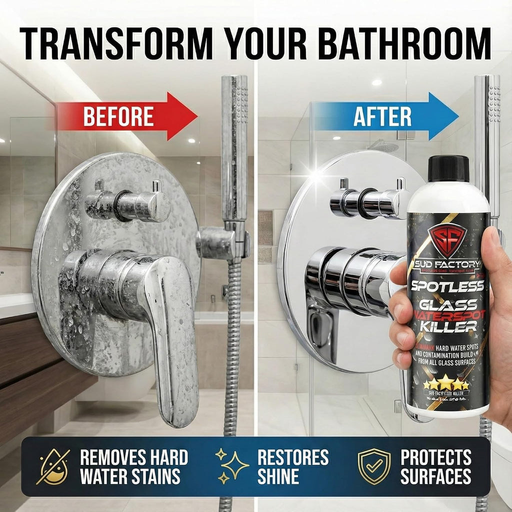 Sud Factory Hard Water Spot Remover for Glass Spotless X2 - Removes Water Stains from Shower Doors  Car Windows  Windshields - Professional Strength 16oz