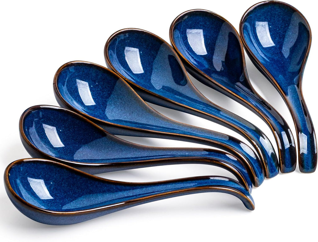 LYEOBOH Soup Spoons set of 6  Chinese Deep Soup Spoon - 6.5 inch Ceramic Korean Tablespoons for Ramen  Rice  Noodle  Asian Spoons with Deep Hook Design  Vintage Blue
