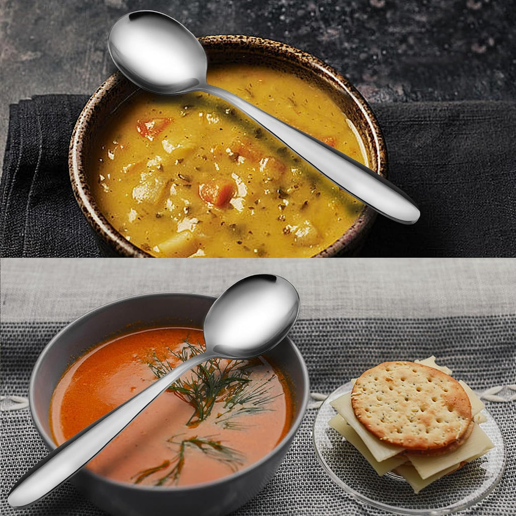 18/10 Stainless Steel Soup Spoons  7.3-in Deep Heavy Weight Round Soup Thick Spoons  Suitable for Cereal Bouillon Milk Soup Hot Chocolate Dinner Guest  Pack of 4
