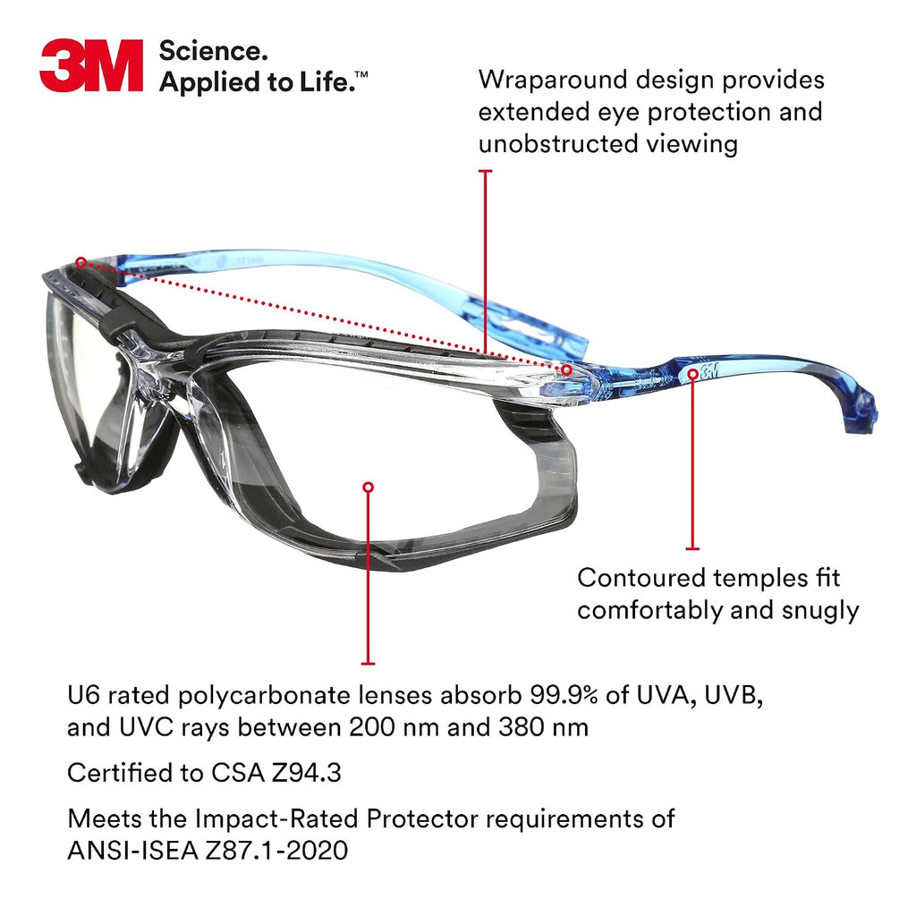 3M Safety Glasses  Virtua CCS  ANSI Z87  Anti-Fog  Clear Lens  Blue Frame  Corded Ear Plug Control System  Removable Foam Gasket