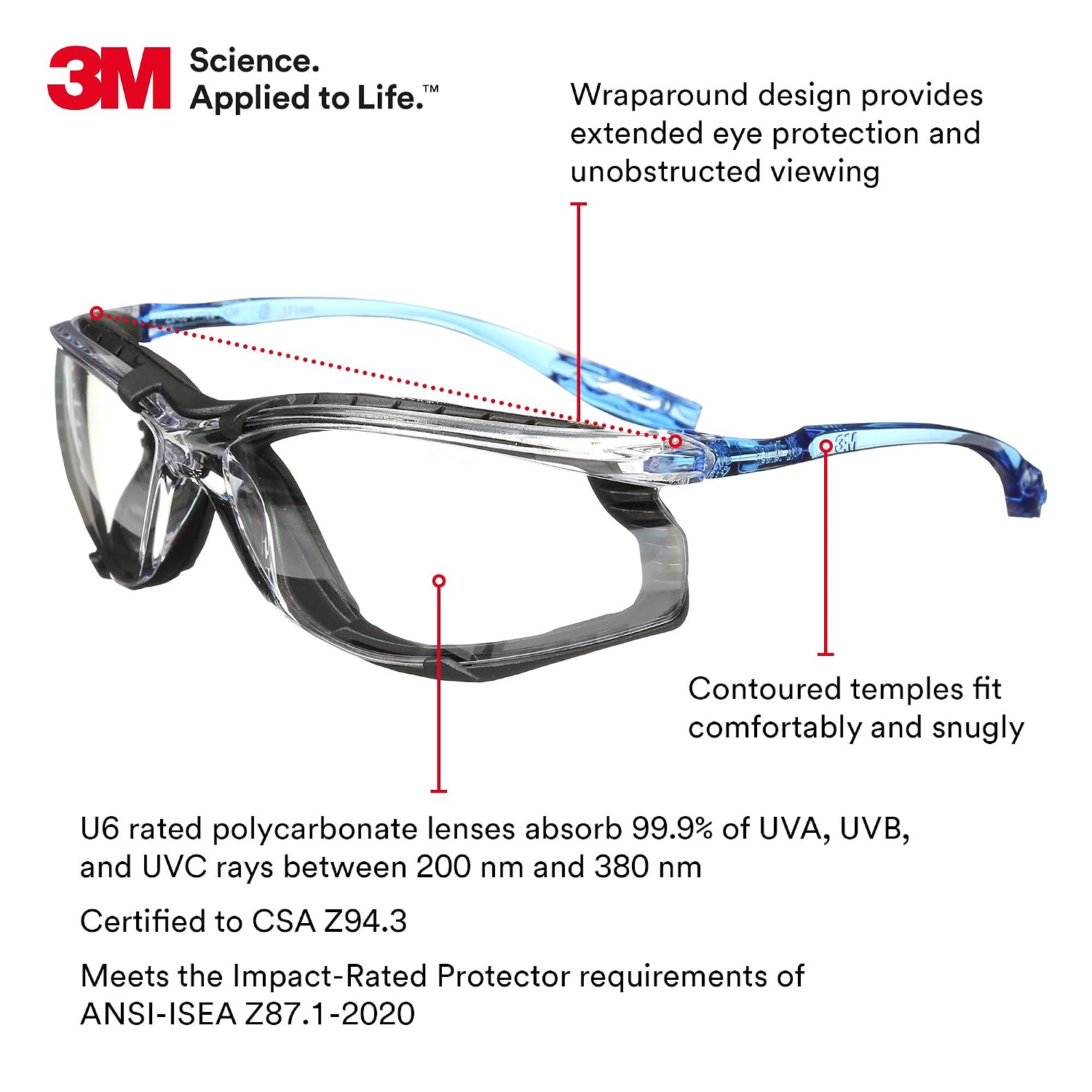3M Safety Glasses  Virtua CCS  ANSI Z87  Anti-Fog  Clear Lens  Blue Frame  Corded Ear Plug Control System  Removable Foam Gasket