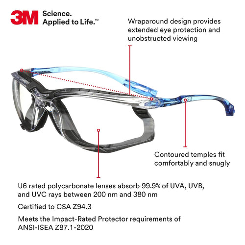 3M Safety Glasses  Virtua CCS  ANSI Z87  Anti-Fog  Clear Lens  Blue Frame  Corded Ear Plug Control System  Removable Foam Gasket