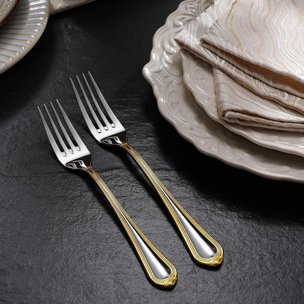 KEAWELL Pearl Edge 4-Piece Premium Fork Set  18/10 Stainless Steel  Fine Silverware Forks with Mirror Finish and Exquisite Craftsmanship  Gold Accent  Dishwasher Safe (4  7.3" Salad Forks)