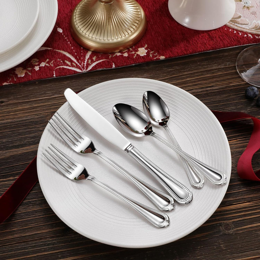 KEAWELL Pearl Edge 4-Piece Premium Spoon Set  18/10 Stainless Steel  Fine Silverware Spoons with Refined Bead Design  Brightly Polished  Dishwasher Safe (Silver  7.56" Dinner Spoons)