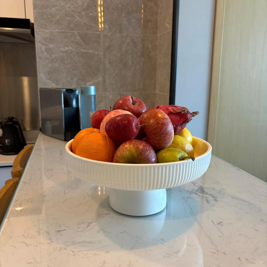 Ceramic Fruit Bowl 11" Decorative Bowl  Large Fruit Bowl for Kitchen Counter  Pedestal Bowl  Kitchen Counter Décor  Bread Candy Snacks Organizer  White (5.3 lbs  68oz)