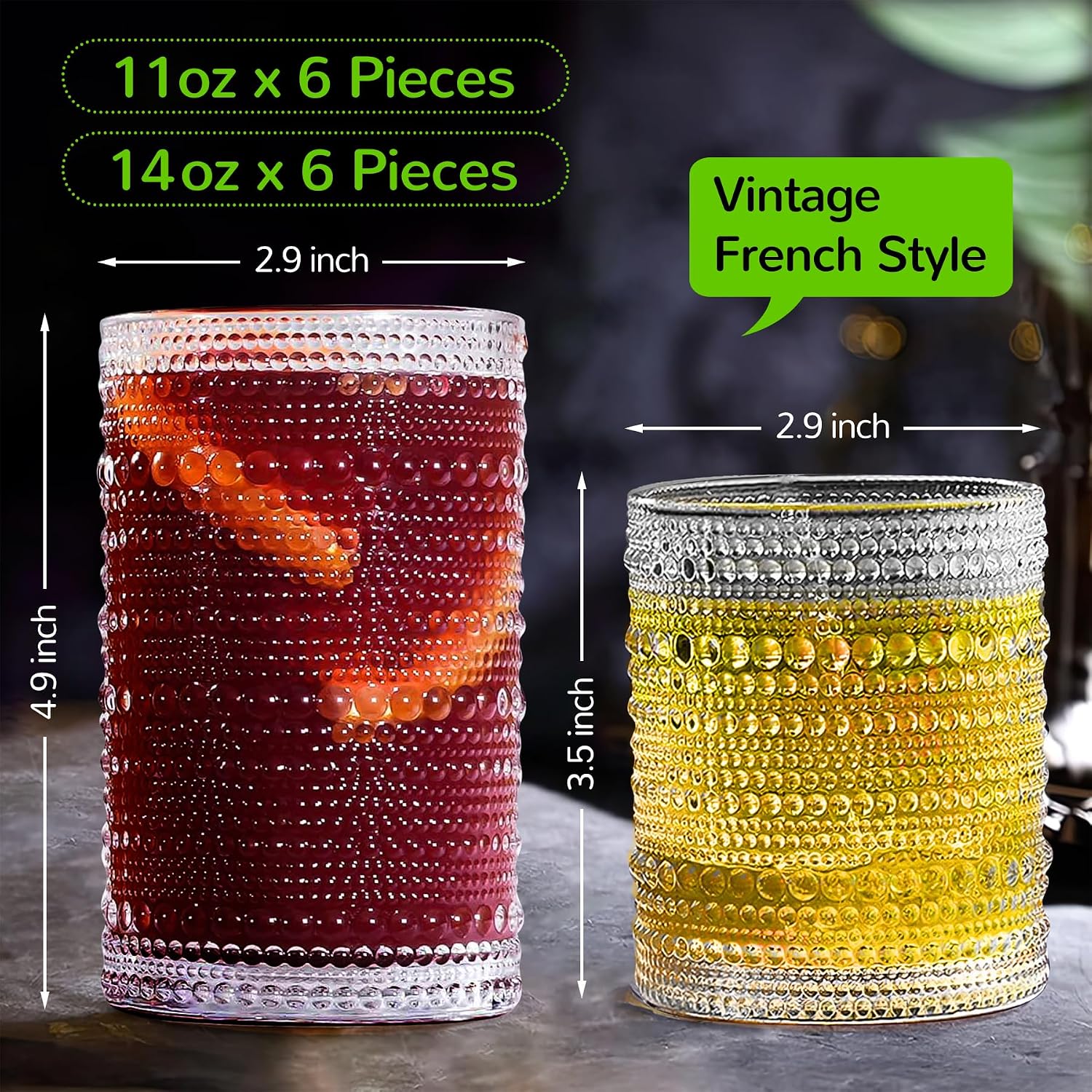Vintage Hobnail Drinking Glasses Set of 12-14 oz Old Fashioned Water Glass Cups & 11 oz Cocktail Glasses  Aesthetic Kitchen Bar Tumbler Glassware Gifts Sets for Smoothie  Juice  Coffee  Wine