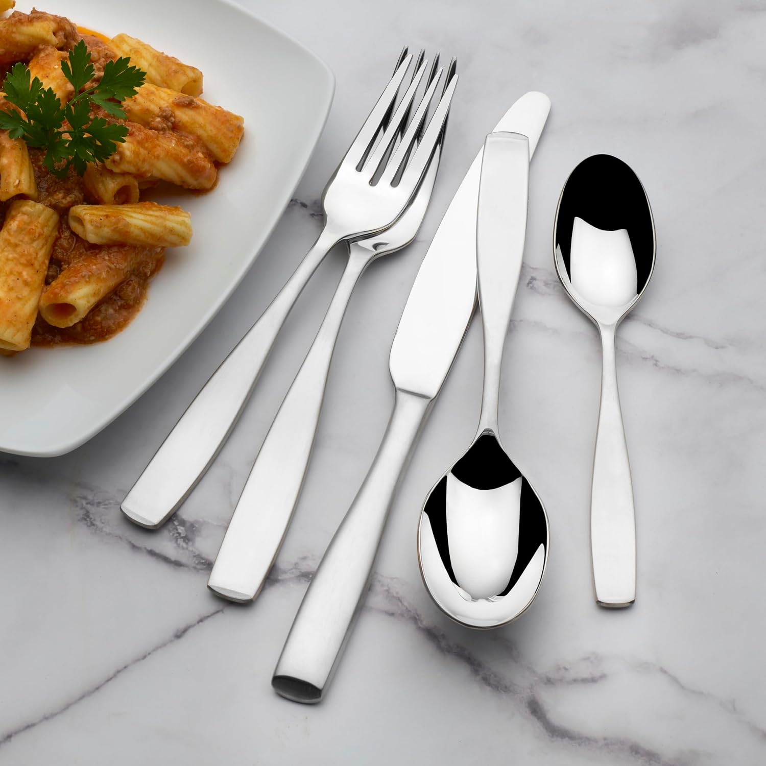Mikasa Satin Loft 65-Piece Flatware Set for 12  18/10 Stainless Steel Silverware with Forks  Knives  Spoons  and Serving Utensils  Durable and Elegant Design