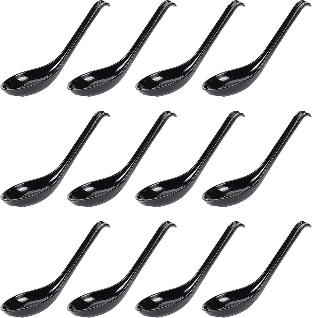 Comicfs Asian Soup Spoons 12 pieces  Large Japanese Soup Spoons  Soba Rice Pho Ramen Noodle Soup Spoon  Chinese Won Ton Soup Spoon  Hook Style (Black)