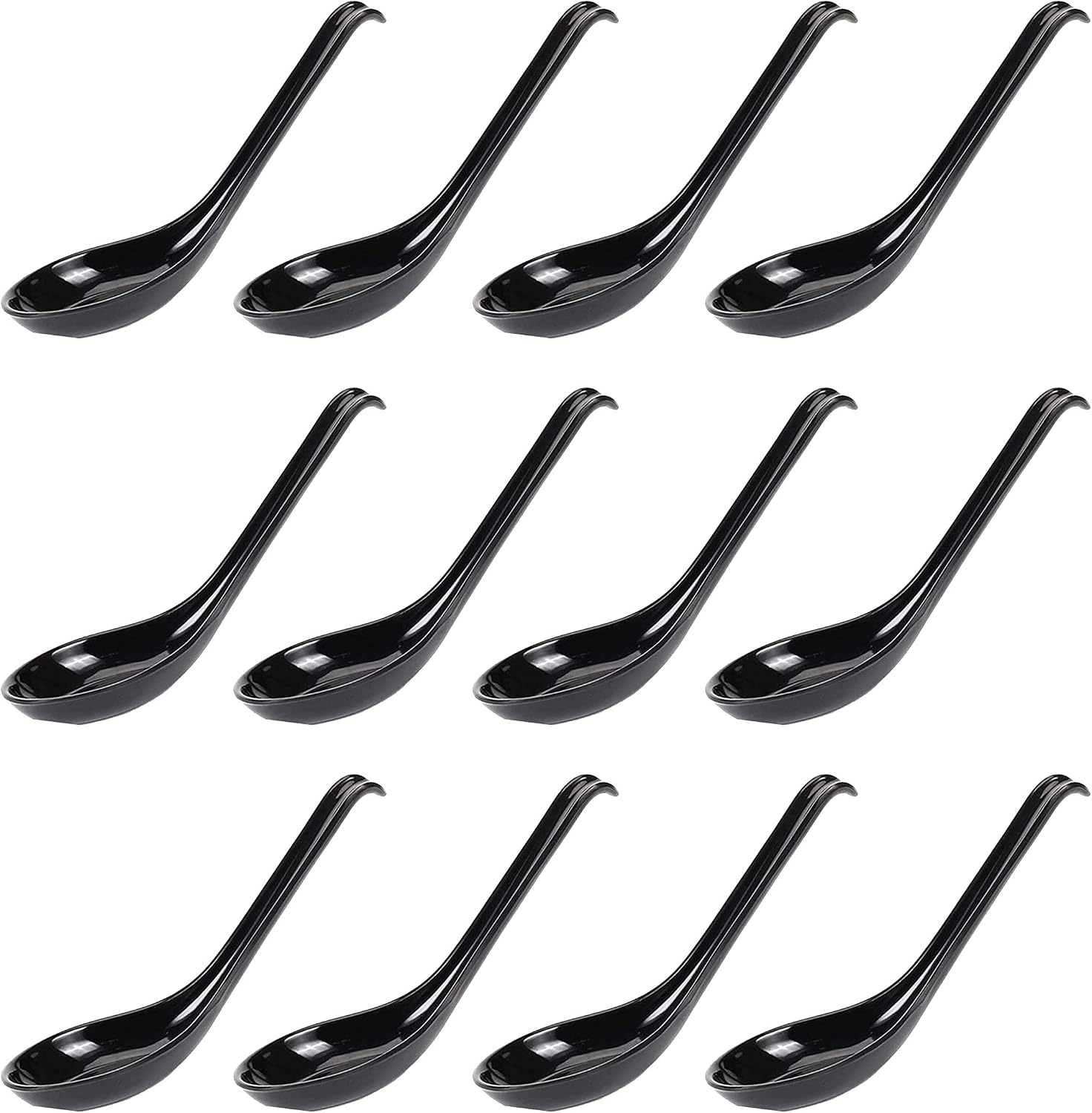 Comicfs Asian Soup Spoons 12 pieces  Large Japanese Soup Spoons  Soba Rice Pho Ramen Noodle Soup Spoon  Chinese Won Ton Soup Spoon  Hook Style (Black)
