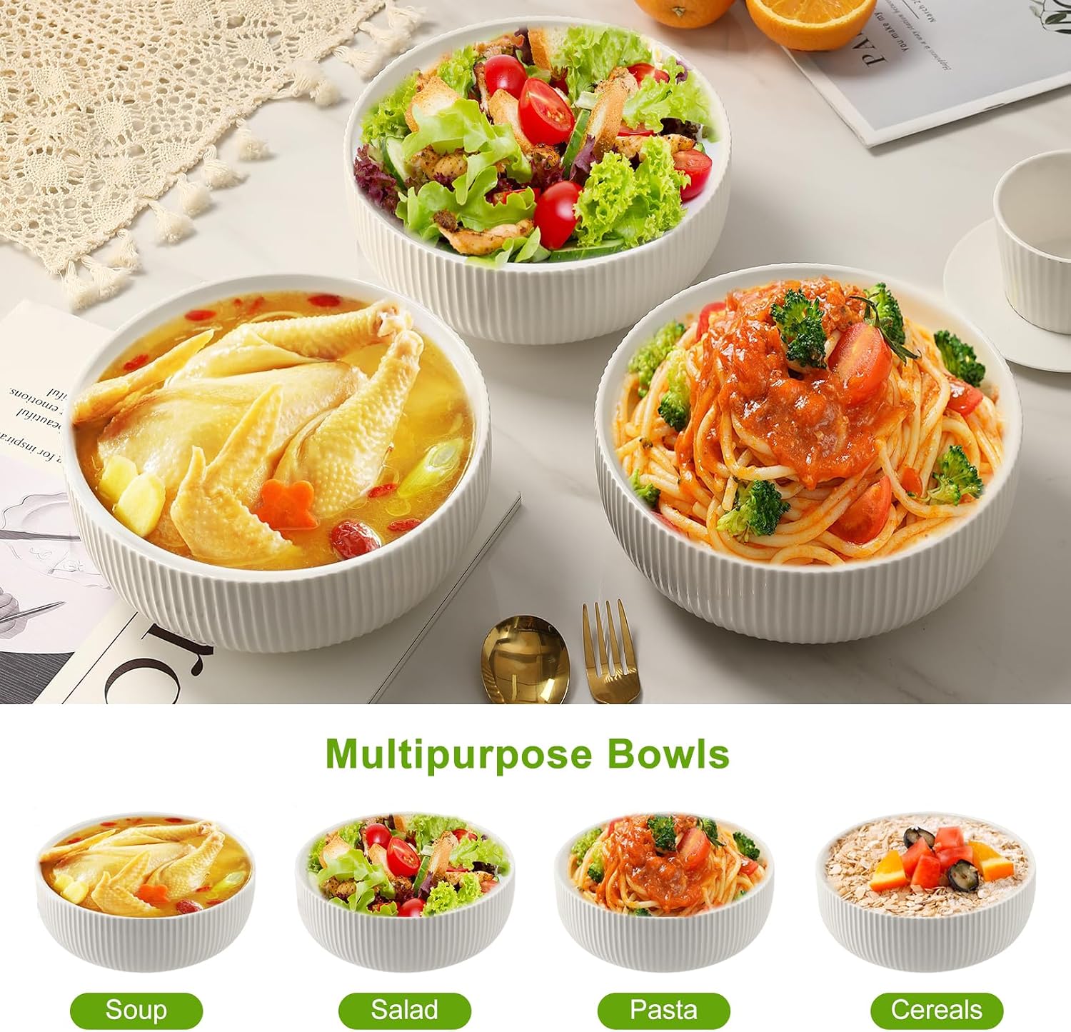 60oz Salad Bowl Set 2 Pack Serving Bowls for Entertaining 8inch Large White Ceramic Bowl for Side Dishes Soup  Pho  Cereal  Pasta  Fruit  Microwave and Dishwasher Safe