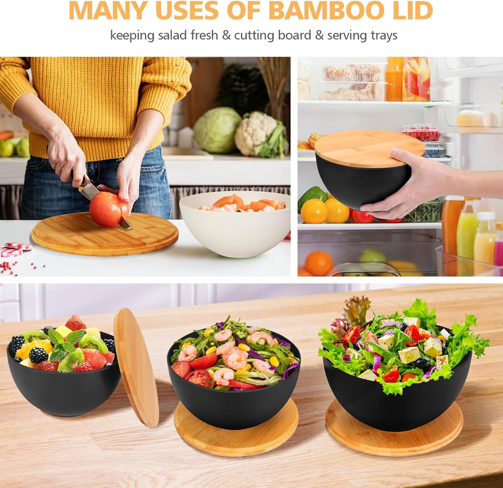 ShineMe Salad Bowl Set of 3  Natural Bamboo Fiber Salad Serving Bowls with Lids Mixing Bowl for Preparing and Serving Salad  Cereal  Fruit  Veggies  Popcorn Chips & Bread(10" 8" 6")
