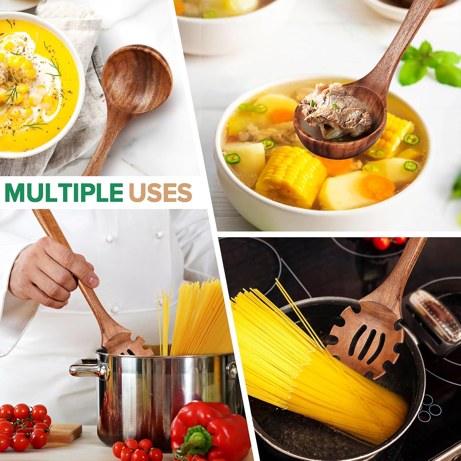 Wooden Spoons for Cooking 2 Pcs Wooden Utensil Set of Soup Ladle &Spaghetti Pasta Spoon with Teeth  Teak Wood Soup Ladle&Slotted Pasta Fork Strainer Spoon Set for Serving Collecting Noodle Gravy Sauce