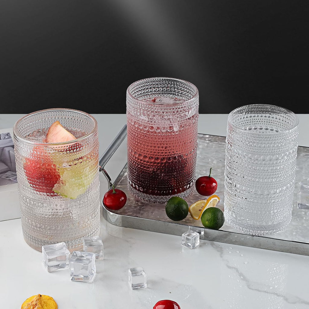 Hobnail Drinking Glasses Set of 6  16 Oz Vintage Embossed Glass Cup Kitchen Glassware Water Tumblers for Cocktails  Beer  Juice  Whiskey