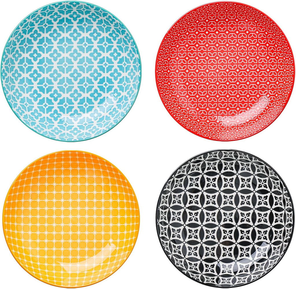 DOWAN 8.5" Vibrant Pasta  Salad & Soup Serving Bowls Set of 4  Embossed Large Porcelain Ceramic  Microwave  Oven & Dishwasher Safe  Bonita Design Perfect for Daily Dining  Family Gatherings  Party