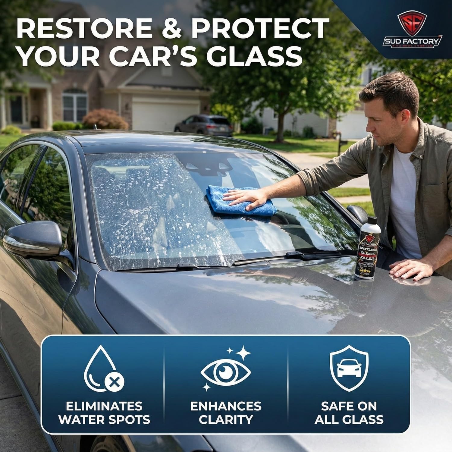 Sud Factory Hard Water Spot Remover for Glass Spotless X2 - Removes Water Stains from Shower Doors  Car Windows  Windshields - Professional Strength 16oz