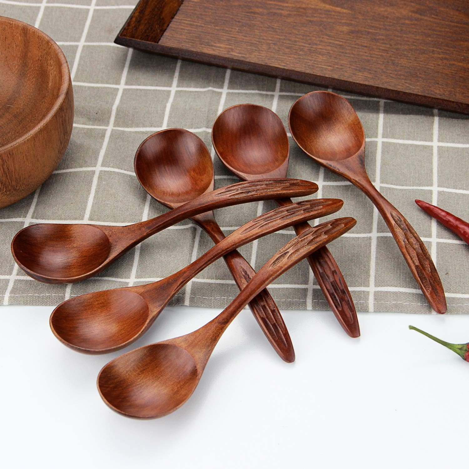 IQCWOOD Wooden Soup Spoons  Magic Wooden Spoons for Eating  6 Pieces 6.8 inch Asian Soup Spoon for Salad Desserts  Coffee  Snacks  Cereal  and Fruit