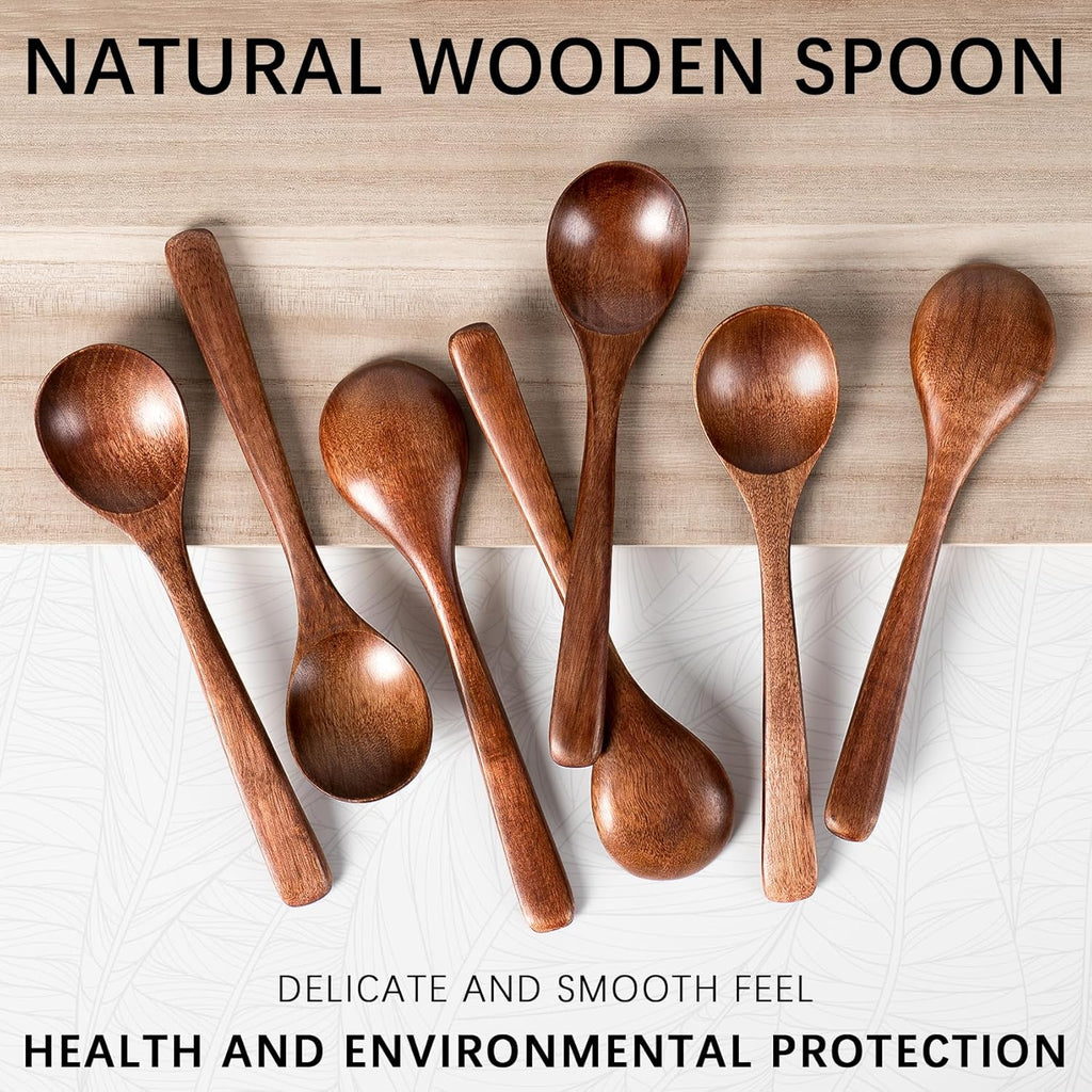 7 PCS Wooden Spoons for Eating  7 inch Wooden Honey Spoons for Tea  Wood Teaspoons for Stirring Coffee  Hard Wood Table Spoon for Cooking  Small Serving Spoon for Soup  Desserts & Cereal